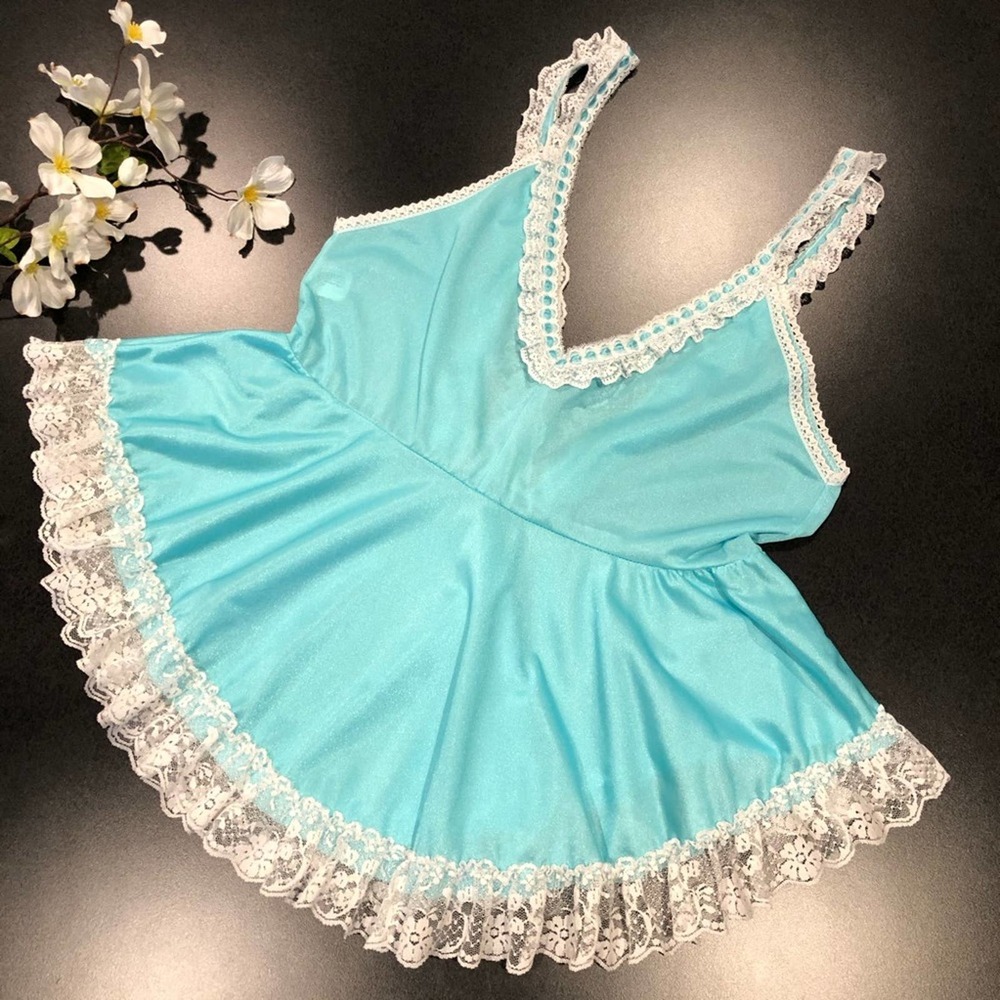 Vintage Glencraft Aqua Blue Lace Peplum Chemise Camisole Tank Lingerie Top - Picture 4 of 13